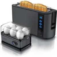 Arendo ontbijtset, 2-delig, met een lange broodrooster FRUKOST 1000 W met 6 bruiningsgraden en een broodjesaccessoire, en een eierkoker SIXCOOK voor 6 eieren, in de kleur cool grey