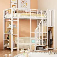 Flieks stapelbed 90x200 cm met boekenplank, hoogslaper met metalen bed, trap en kledingroede, kinderbed met valbeveiliging en lattenbodem, wit