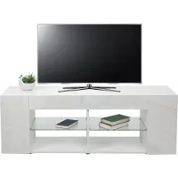 Mendler TV-rek -L36, TV-standaard TV-tafel lowboard TV-kast ladekast, hout 50x144x40cm opbergvak, hoogglans wit