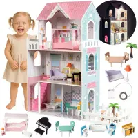 Mamabrum Grote Houten Poppenhuis voor Kinderen - - LED Verlichting 123x34x114 cm, 3 Verdiepingen, Terras - Rollenspel