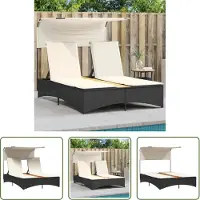 The Living Store Lounge Bed - Ligbed - Ligbed 2-persoons met luifel en kussens poly rattan zwart - Tuinset - Buitendecoratie - Relaxstoel