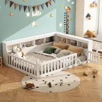 Flieks kinderbed, grondbed 140x190 cm met USB-poort en deur, tweepersoonsbed, houten bed, dagbed voor kinderen met plank, klassiek kinderbed met valbeveiliging, wit