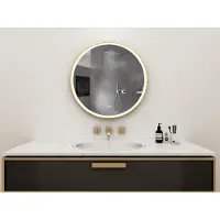 Quality Heating Ronde spiegel van rundleer - Goud - 30W verwarmingsfunctie, diameter 60 cm