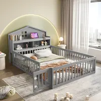 MODFU Kinderbed 140 x 200 met matras, tienerbed met legplanken en opbergruimte, houten bed met beschermroede, bedframe met lattenbodem, grijs