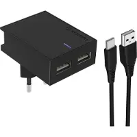 Swissten , Wandlader (dubbele USB-poort, 3A) met USB-C kabel (Slim Series), zwart