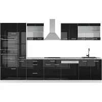 Vicco Complete keukeneenheid R-Line Zwart hoogglans/wit 350 cm met hoge kast, met marmeren werkblad, Model 40992