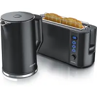 Arendo ontbijtset, 2-delig, roestvrijstalen waterkoker ELEGANT, 1,5 liter, met temperatuurregeling van 40 tot 100 °C, en lange broodrooster FRUKOST voor 2 boterhammen, zwart