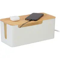 Relaxdays kabelbox - voor 2 stekkerdozen - bamboe deksel - kunststof - 13 x 31 x 14 cm - kabels verstoppen