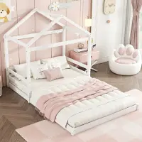 OKWISH Kinderbed, platformbed in de vorm van een huis, 140x200 cm, met lattenbodem, houten bed voor kinderen en meisjes (zonder matras), wit