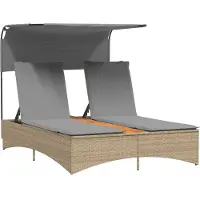 vidaXL Ligbed 2-persoons luifel en kussens poly rattan gemengd beige