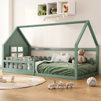 Flieks kinderbed, huisbed model, 90x200 cm, met lattenbodem, grondbed, eenpersoonsbed met valbeveiliging, houten bed, speelbed voor kinderkamer, groen