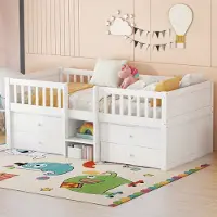 Flieks kinderbed, stapelbed 90x200 cm met 4 lades, laag bed met trap, stapelbed met valbeveiliging, houten enkelbed, wit
