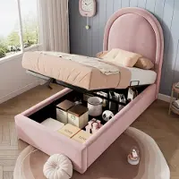 OKWISH Kinderbed, éénpersoonsbed, 90x190 cm, met lattenbodem en hoofdeinde, hydraulisch verstelbaar bed met opbergruimte (zonder matras) – Fluweelroze
