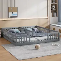 Merax kinderbed, 2x 90x200 cm, massief houten bed met spijlen, lattenbodem, grenenhout, laag bed, vlak bed, tienerbed, grijs