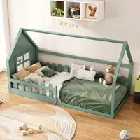 OKWISH Kinderbed, platformmodel, 90x200 cm, met lattenbodem, kinderbed in de vorm van een huis met een beschermingsreling, groen (zonder matras)