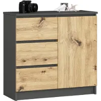 Akord Ladekast JERRY met 3 Lades en 2 Deuren / Furniture Factory / Grafietgrijs - Eiken / 80 x 77 x 35 cm