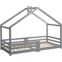 OKWISH kinderbed, huisje-model, met schoorsteen, valbeveiliging, stevig lattenbodem, huisje van grenenhout, kinderbed, 90 x 200 cm, zonder matras, grijs