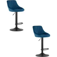 Leobert Set van 2 Barkrukken AREX - Velvet Blauw, Mat Zwarte Basis, Rugleuning, Modern Design, Hoogte Verstelbaar, 360° Draaibaar, Max. 120 kg
