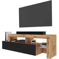Selsey - ASTEN - Asymmetrieke TV-kast met LED-verlichting en zwarte front - 172 cm - wotan eiken