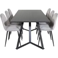 Ebuy24 MarinaBLBL eethoek eetkamertafel zwart en 6 Polar eetkamerstal velours grijs.