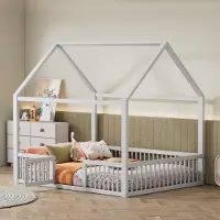 Sweiko 140x200 cm massief houten bed, tweepersoonsbed, laag bed, huisbed, huisbed met deur, wit
