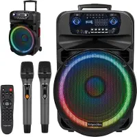 Krüger&Matz Draadloze luidspalk met 2 microfoons, UHF, SD, Bluetooth, FM, USB, LED, 60W