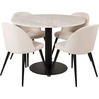 Ebuy24 EstelleØ106WHBL eethoek eetkamertafel wit, marmer en 4 Velvet eetkamerstal fluweel beige, zwart.