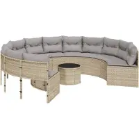 vidaXL Tuinbank met tafel en kussens rond poly rattan beige