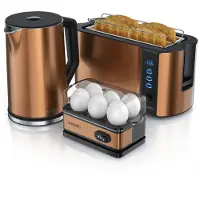 Arendo ontbijtset, 3-delig, bestaande uit: roestvrijstalen waterkoker ELEGANT (1,5 liter), broodrooster FRUKOST voor 4 sneetjes met 1500W, en eierkoker SIXCOOK voor maximaal 6 eieren, koperkleurig
