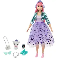 Barbie Prinsessenavonturen Daisy-pop (met roze haar) met hondje, aankleedpop