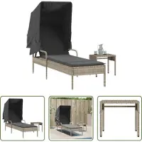 The Living Store Lounge Stoel - Ligbed - Ligbed met luifel en tafel poly rattan lichtgrijs - Tuinset - Buitendrankje - Patio Set