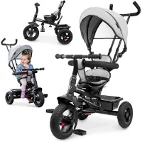 HyperMotion Tobi Frey Kinder Driewieler met Duwstang 1-4 Jaar - Opvouwbare Peuterfiets - Vrijloopfunctie - Peuterfiets met Voetsteunen - Max. 20 kg - Grijs - Kinderfiets