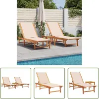 The Living Store Lounge Stoel - Ligbed - Ligbedden 2 st met tafel massief acaciahout en textileen crème - Tuinset - Acacia Hout - Outdoor Furniture
