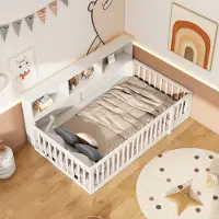 OKWISH uitklapbaar bed, dagbed, 90x200 cm, met lattenbodem, kinderbed op de grond met opbergruimte, houten bed met spijlen (zonder matras) - wit