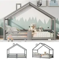 Ropilly Bedframe voor een kinderbed, type huisbed, 90 x 200 cm, grijs, gemaakt van grenenhout, met valbeveiliging en lattenbodem, geschikt voor kinderkamers
