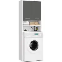 Akord Badkamerkast voor Wasmachine FIN / Hoge Wasmachinekast met 2 Deuren / Furniture Factory / Wit - Grafietgrijs / 64 x 180 x 30 cm