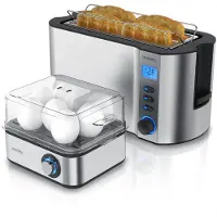 Arendo ontbijtset, 2-delig, inclusief:* MANHA 2-sleufstoof met 4 instellingen, 1500 W, 6 bruiningsgraden.* Eierkoker EIGHTCOOK van roestvrij staal, geschikt voor 8 eieren.Keukenapparatuurset in zilver