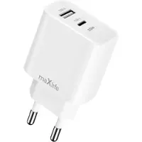 MaXlife Dubbele poort USB en USB C Power Delivery 20W netvoeding oplader, Wit