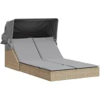 vidaXL Ligbed 2-persoons met luifel en kussens poly rattan beige