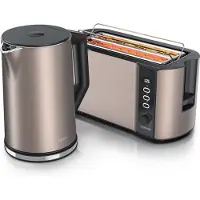 Arendo ontbijtset, 2-delig, keukenapparatuurset met waterkoker ELEGANT (1,5 liter), temperatuurinstelling van 40 tot 100 °C, en broodrooster FRUKOST voor 4 sneetjes, BPA-vrij, GS-gekeurd, beige