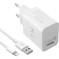 Avizar , universele USB 3A oplader met Qualcomm Quick Charge 3.0 + Lightning oplaadkabel, wit