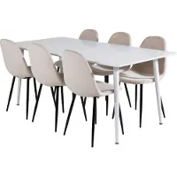Ebuy24 Polar180X90WHWH eethoek eetkamertafel wit en 6 Polar eetkamerstal velours beige.