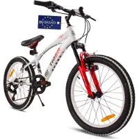 Sun baby Tiger Bike Kinderfiets voor jongens van 6 tot 10 jaar, 20 inch Wit Rood, wielmaat te kiezen uit 6 versnellingen Shimano, in hoogte verstelbaar