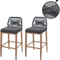 MCW Set van 2 Touw barkrukken -O21, buiten zitkussen touw vlechtwerk metaal hout-look ~ antraciet, donkergrijs kussen