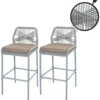 MCW Set van 2 Touw barkrukken -O21, buiten zitkussen touw vlechtwerk metaal ~ lichtgrijs, kussen taupe