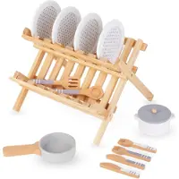Mamabrum Mamabrum, houten keukenaccessoires voor kinderen - set, opvouwbare droger, potten, deksels, borden, spatel, lepels, messen speelkeukenaccessoires keukenspeelgoed voor kinderen