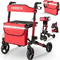 Arebos Aluminium Lichtgewicht Rollator | Inklapbaar | Medical opvouwbare lichtgewicht rollator carbon | belasting tot 136 kg | Rood