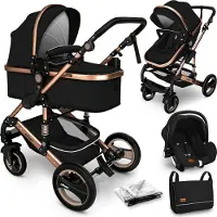 Kiduku KIDUKU- 3 in 1 combi-kinderwagen- zwart/goud- buggy incl. autostoeltje-regenhoes- inklapbaar