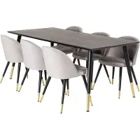 Ebuy24 Dipp180x90BLBR eethoek eetkamertafel zwart en 6 Velvet eetkamerstal velours lichtgrijs.