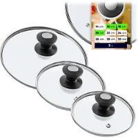 Kadax Pandekselset, universeel deksel van glas met handvat, hittebestendige dekselset in verschillende maten, pannendekselset, glazen deksel voor pot, pan (16 + 18 + 20 cm, zwart en zilver handvat)
